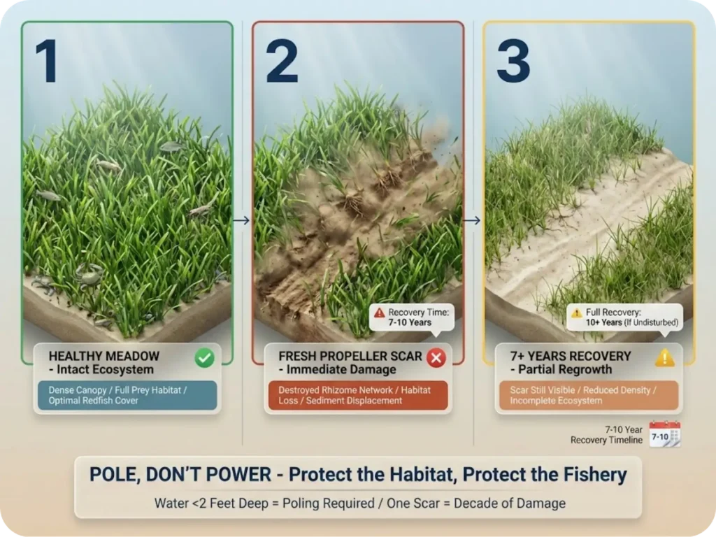 Three-panel conservation photo sequence showing turtle grass meadow health progression: pristine healthy meadow, fresh propeller scar damage, and partial recovery after 7+ years, demonstrating long-term environmental impact of boat propeller strikes.