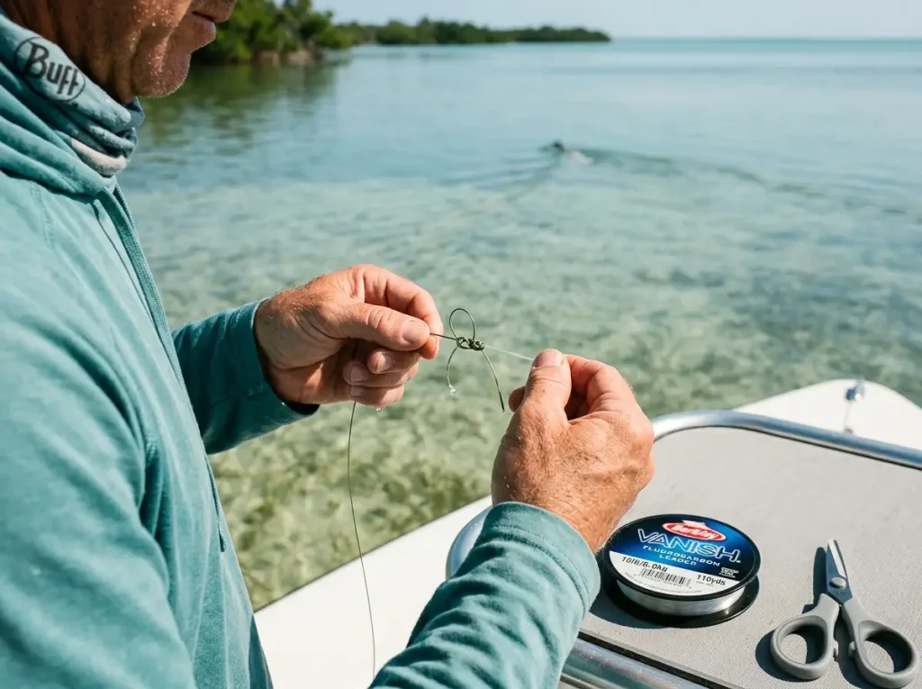 Angler tying a braid-to-fluorocarbon leader knot at the boat above clear shallow water