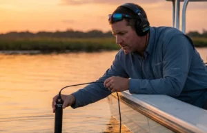 Underwater Hydrophones for Fishing: The Sound-to-Catch Guide Angler lowering hydrophone into Texas bay at sunset while wearing headphones to detect fish sounds