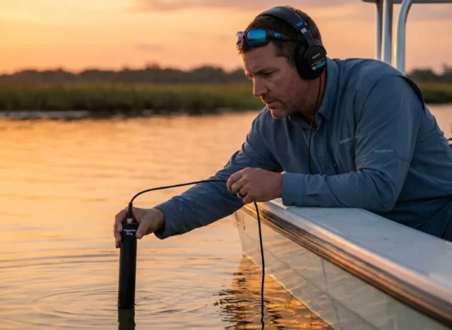 underwater-hydrophone-fishing-hero Angler lowering hydrophone into Texas bay at sunset while wearing headphones to detect fish sounds