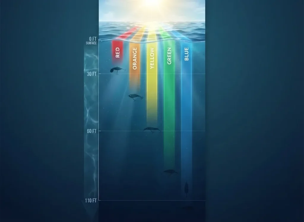 A vertical infographic illustrating color light penetration in water from 0 to 110 feet. Red light fades first at shallow depths, followed by orange and yellow, while green and blue light penetrate deepest. Silhouetted fishing lures are shown within the varying light zones at different depths.