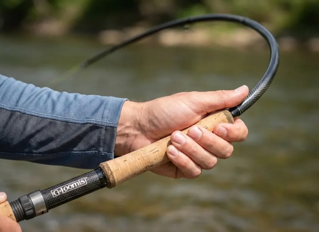 Close-up of an angler's forearm and hand gripping a G. Loomis rod, freezing the moment of maximum rod deflection to illustrate lever mechanics.