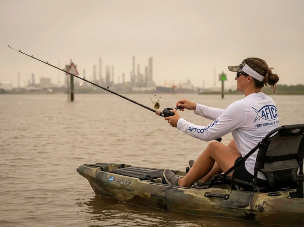 Female angler casting spinnerbait into turbid Texas upper coast kayak fishing spot