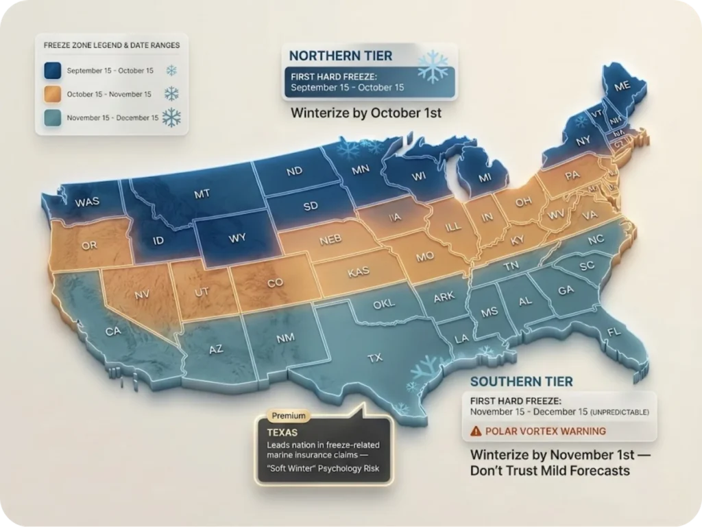 Color-coded United States map showing three marine battery freeze risk zones with typical first hard freeze dates for each region, highlighting winterization deadlines for boat owners.