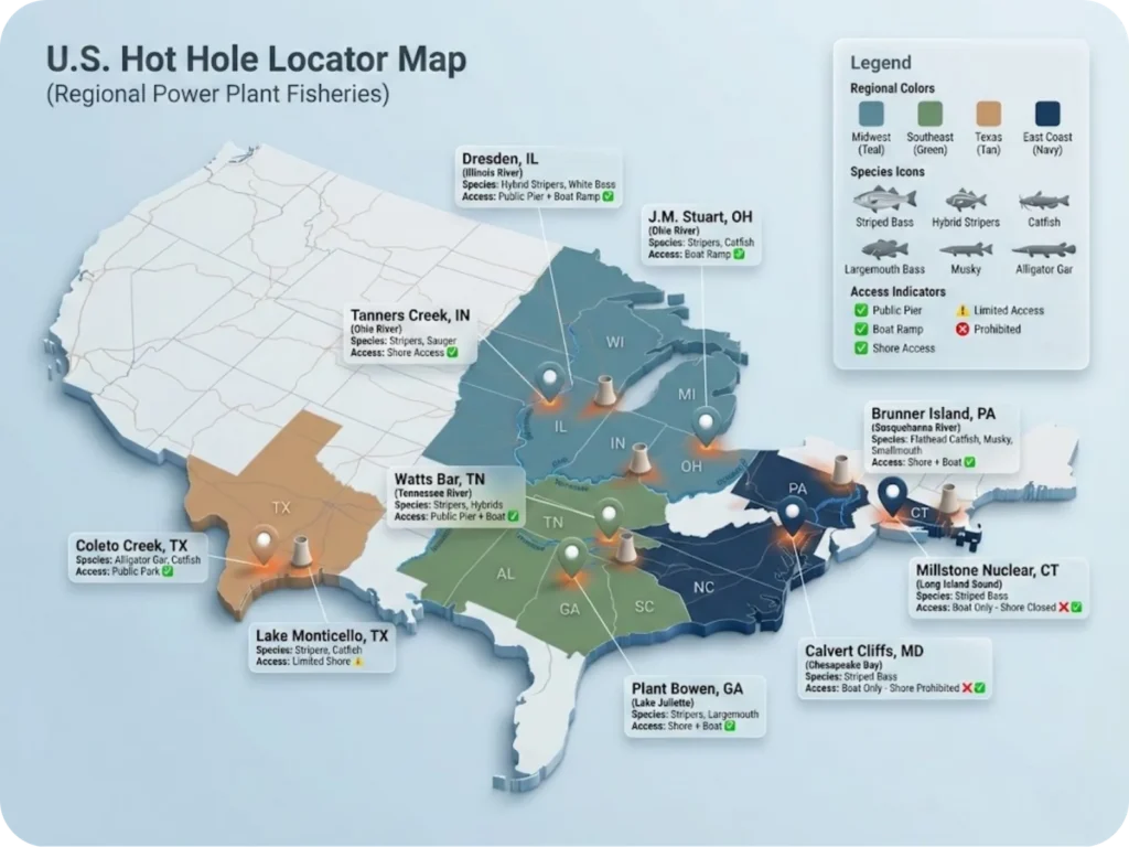 United States map showing major power plant discharge fishing locations color-coded by region with species icons and public access information.