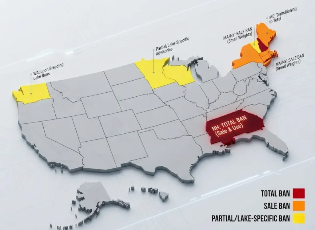 A color-coded map of the United States illustrating lead fishing tackle bans. New Hampshire is highlighted in red for "Total Ban." Maine, New York, and Massachusetts are orange for "Sale Ban." Vermont, Minnesota, Wisconsin, and Washington are yellow for "Partial/Lake-Specific Ban." A legend defines the color-coding scheme.