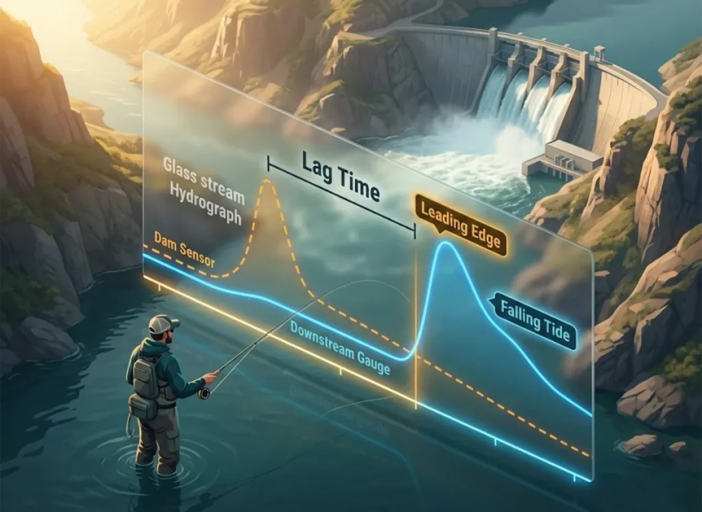A stunning 3D isometric infographic illustrating the concept of 'Lag Time' in river hydrographs for trout fishing. A stylized river landscape flows from a background dam to a foreground fisherman, overlaid with a data chart showing the time delay between water release and arrival.