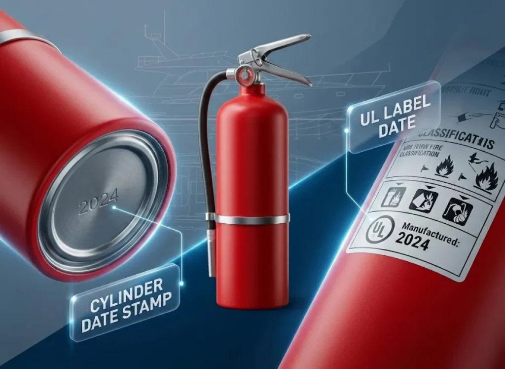 An annotated technical illustration of a marine fire extinguisher showing the two primary locations for the manufacture date: the stamped numbers on the cylinder's bottom and the date printed near the UL label on the side.