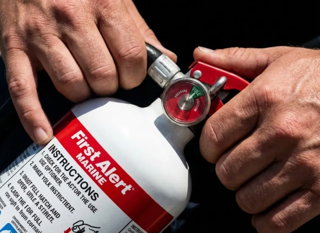 Close up of clean hands inspecting the pressure gauge and label of a marine fire extinguisher for USCG compliance.