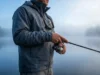 Use Scent to Trigger Strikes From Inactive Fish Professional angler in Simms gear scanning a misty lake, holding a high-end spinning rod, representing the focus needed for inactive fish.