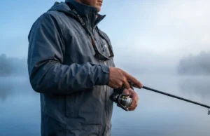 Use Scent to Trigger Strikes From Inactive Fish Professional angler in Simms gear scanning a misty lake, holding a high-end spinning rod, representing the focus needed for inactive fish.
