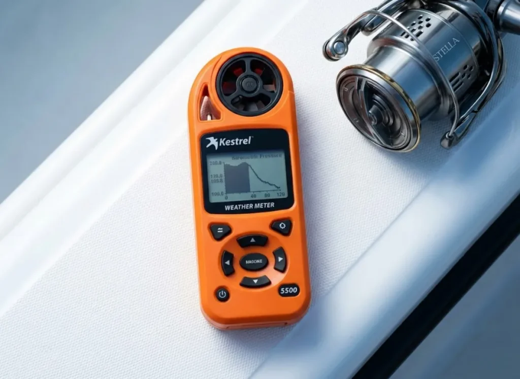 Close-up of a Kestrel Weather Meter displaying a pressure drop and a Shimano Stella reel resting on a boat deck, illustrating the use of technology in fishing.