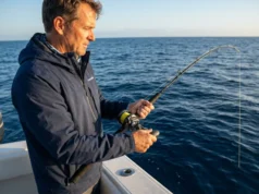Vertical Jigging Deep Water? Here’s the 500ft Threshold Rule Angler working slow pitch jigging rod over deep ocean water with Shimano Ocea Jigger reel