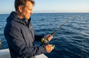 Vertical Jigging Deep Water? Here’s the 500ft Threshold Rule Angler working slow pitch jigging rod over deep ocean water with Shimano Ocea Jigger reel