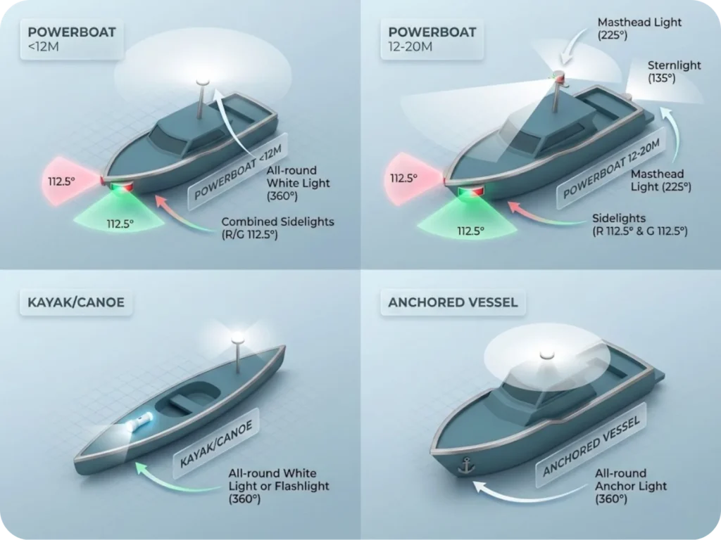Technical infographic diagram showing USCG-required navigation light configurations for different vessel types including powerboats and kayaks, with precise arc angles and colors.