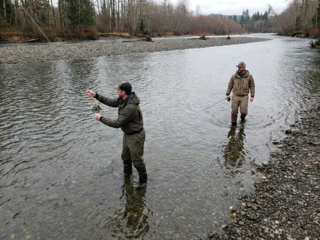Demonstration of low-holing violation in steelhead fishing etiquette
