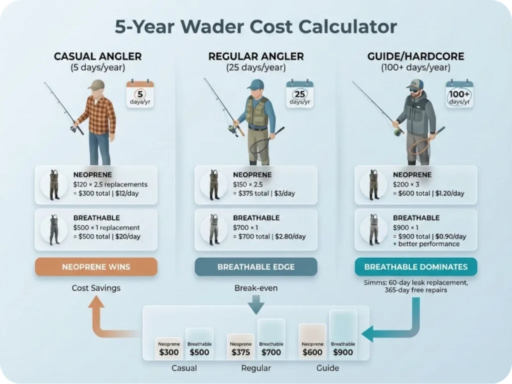Financial comparison infographic showing 5-year wader cost calculations for three angler profiles: casual (5 days/year), regular (25 days/year), and guide (100 days/year), comparing neoprene versus breathable wader cost-per-day value.
