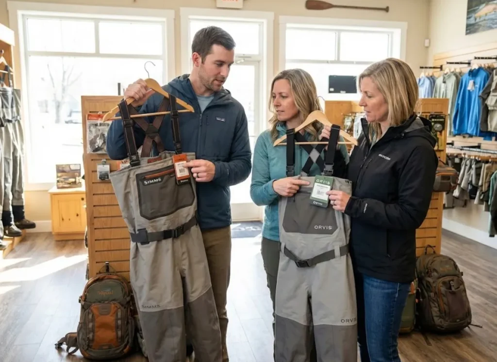 Two anglers comparing Simms and Orvis wader size tags at a fly fishing retail shop