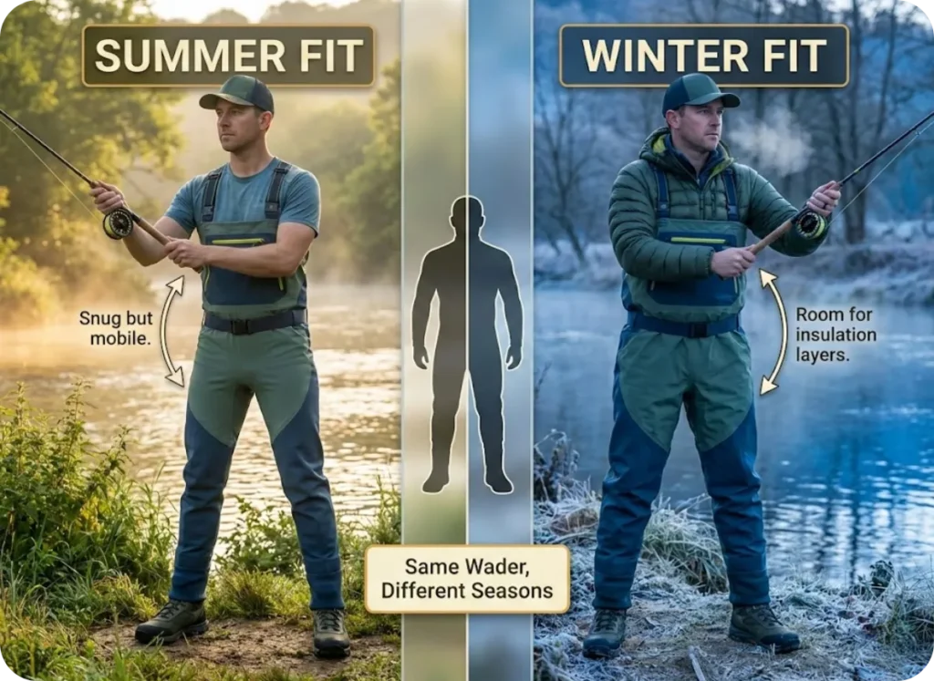 Side-by-side comparison showing the same angler wearing waders over a t-shirt for summer fit versus over a puffy jacket and fleece pants for proper winter fit with room for layering.
