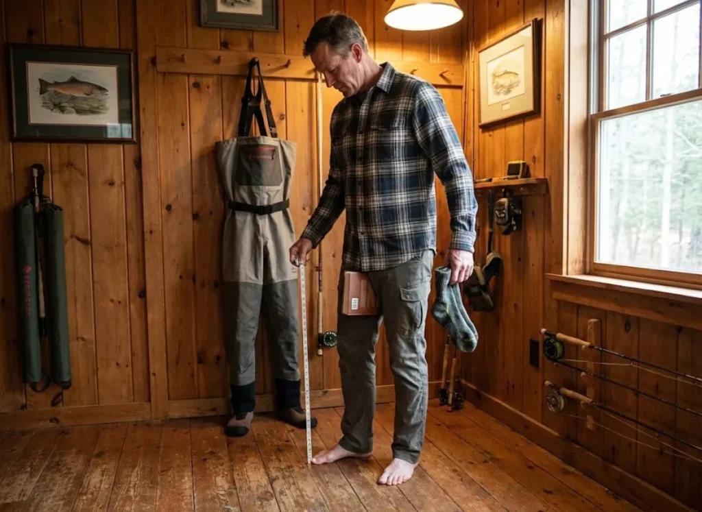 Angler measuring wader inseam length barefoot in fishing cabin using floor-to-crotch method
