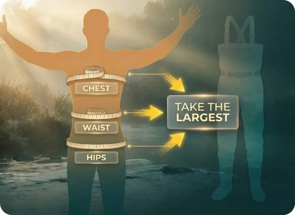 Educational diagram showing proper tape measure placement for wader sizing, with measurement arrows at chest, waist, and hip positions indicating to take the largest measurement.