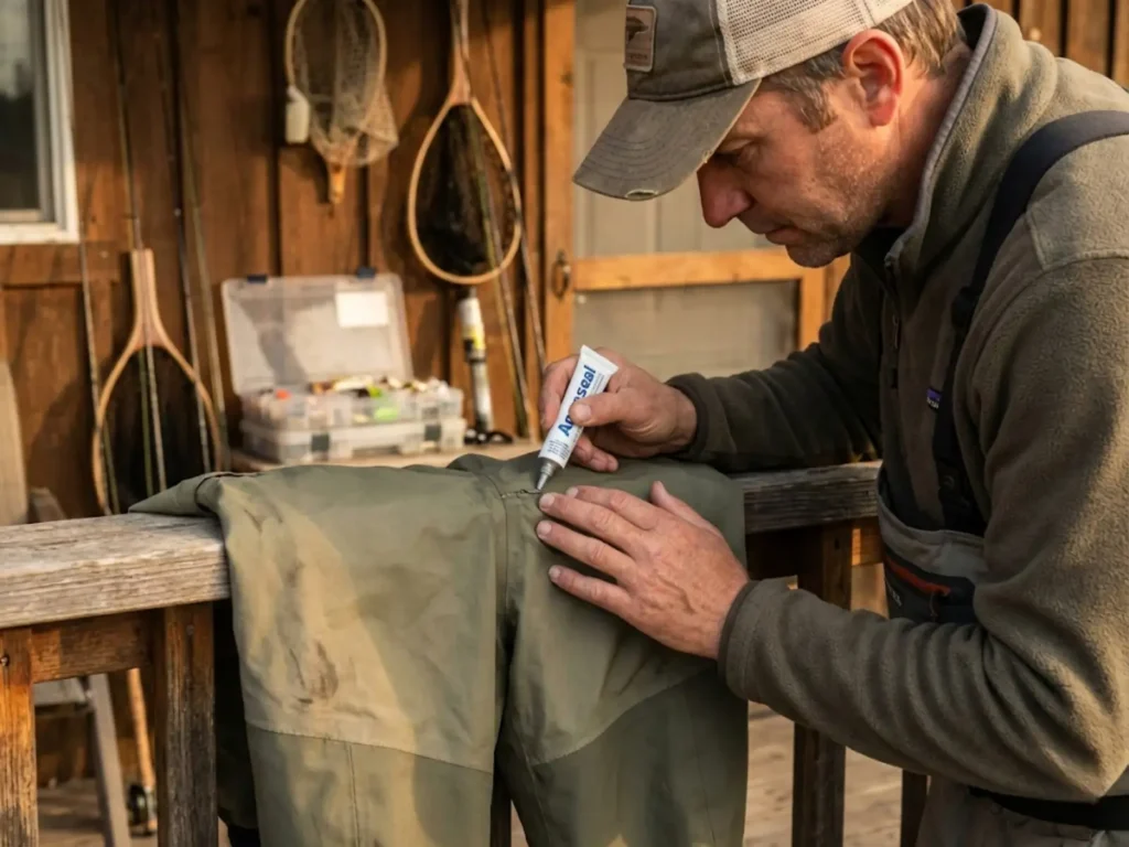 Fishing guide repairing premium breathable waders extending their 10-year lifespan
