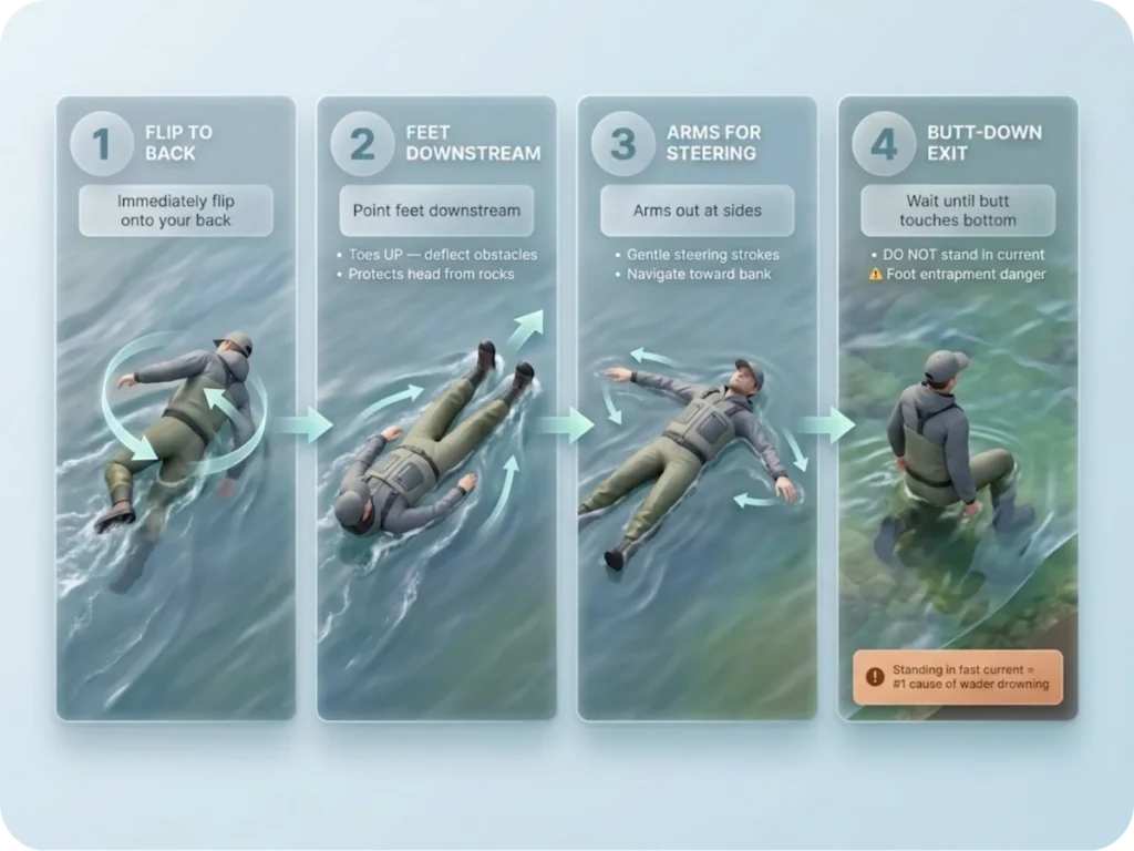 Four-panel instructional infographic showing the defensive swimming self-rescue sequence for wader falls: flip to back, feet downstream position, arms out for steering, and butt-down shallow water exit technique.