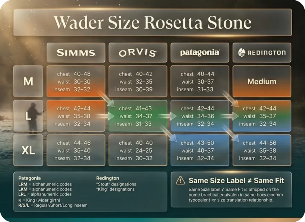 Rosetta Stone comparison chart showing how M, L, and XL wader sizes translate differently across Simms, Orvis, Patagonia, and Redington brands with actual inch measurement ranges.