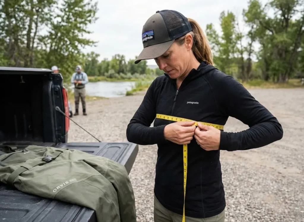 Female angler measuring chest girth with tape measure before trying on waders at riverside