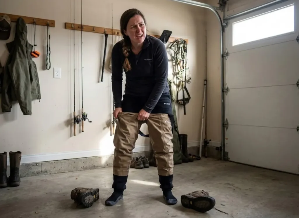 Frustrated angler struggling with too-tight waders bunched at thighs showing common sizing mistake