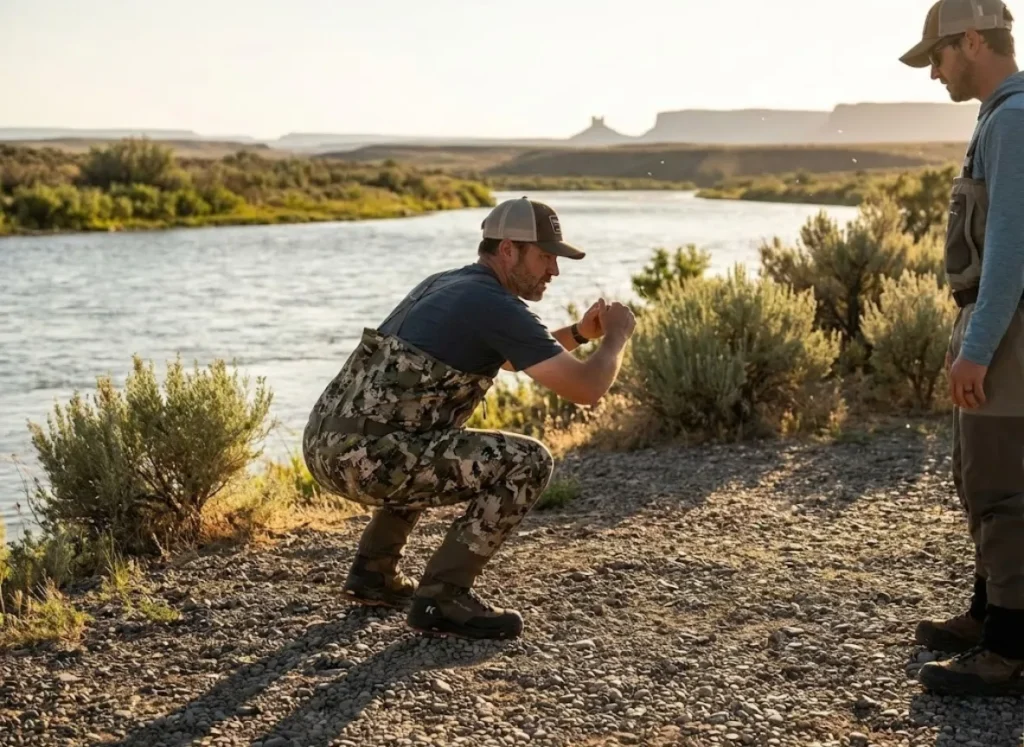 Angler performing squat test in SITKA waders on gravel riverbank to verify fit before purchase