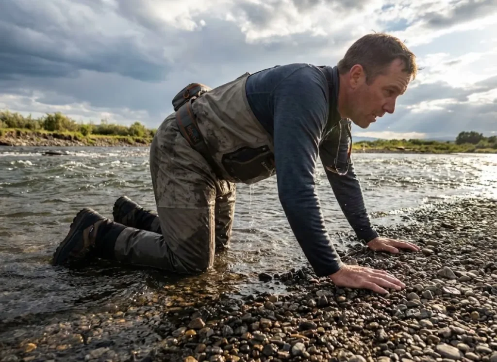 Angler crawling from river onto gravel bar demonstrating emergency wading exit technique
