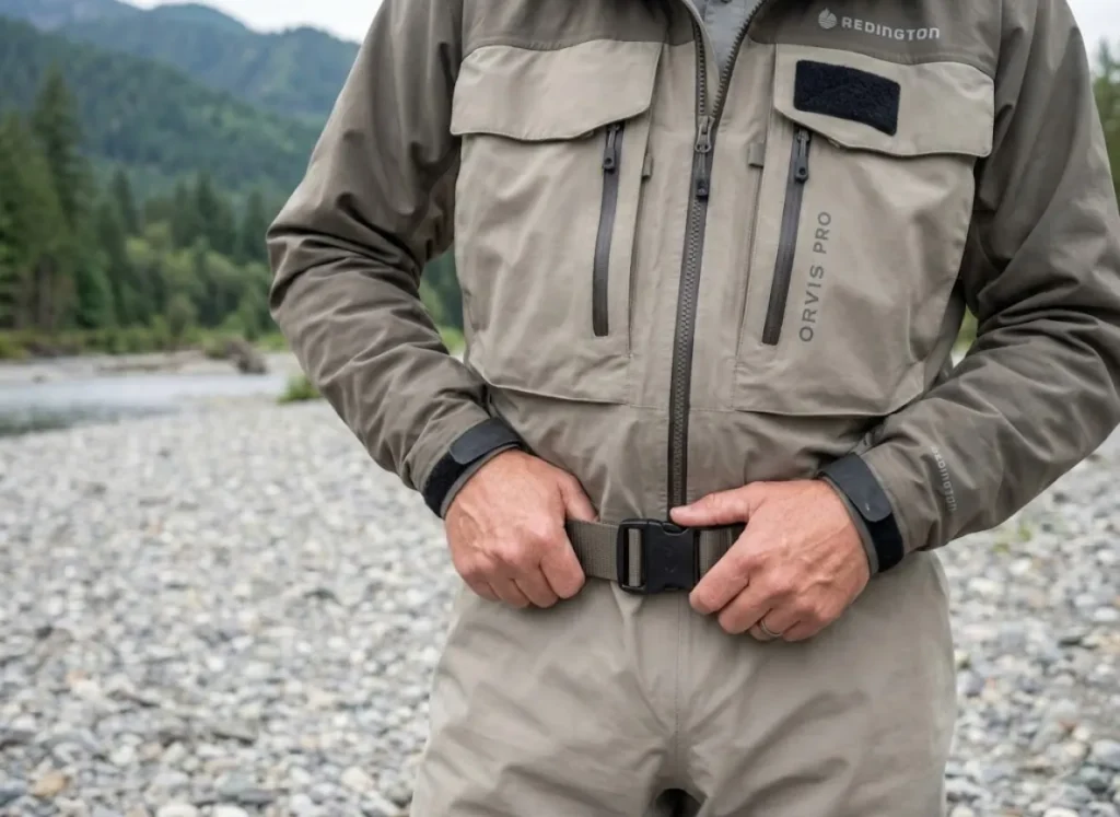 Angler performing fist test on wading belt demonstrating proper tightness for safety