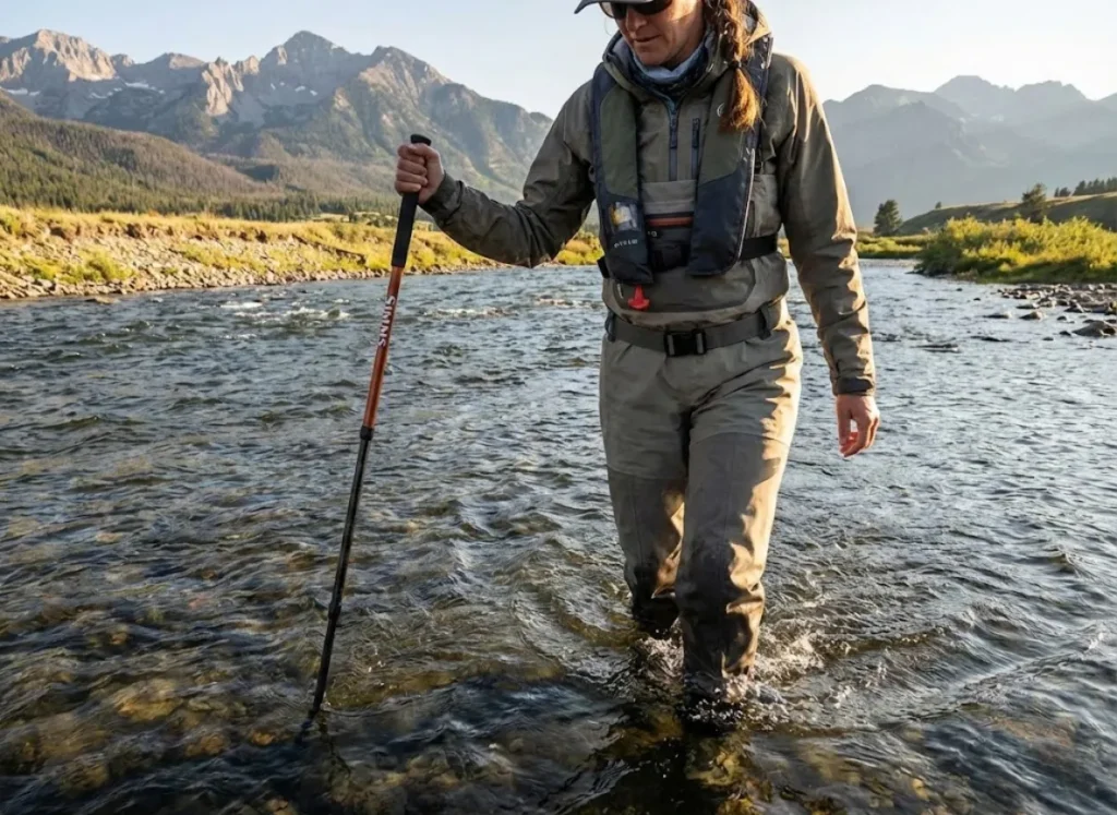 Female angler using wading staff with belt and PFD visible demonstrating complete wading safety system