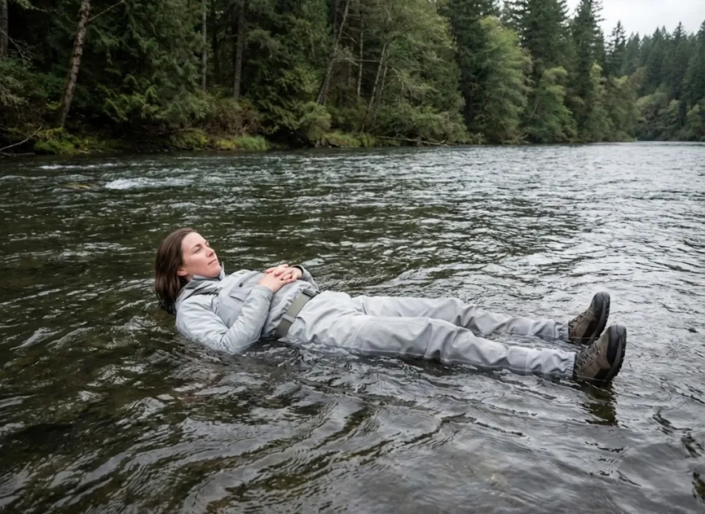 Female angler floating feet-downstream in river demonstrating wading belt self-rescue technique
