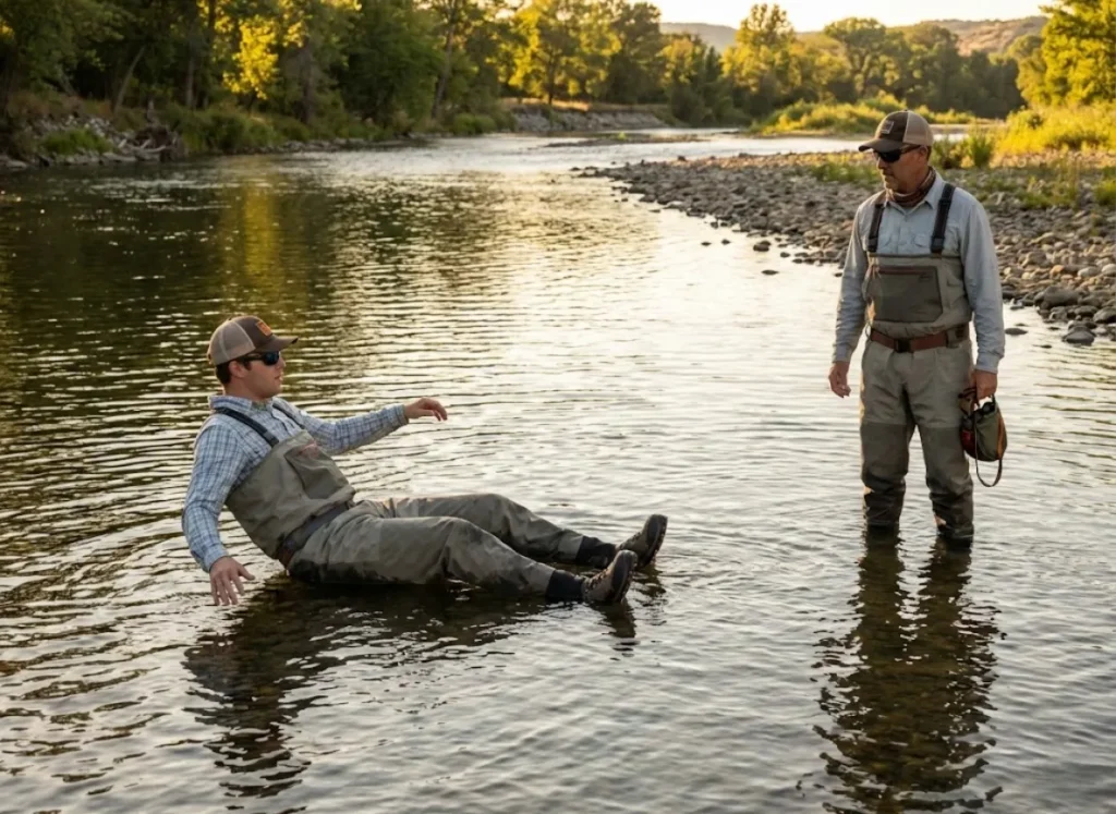 Two anglers practicing wading emergency drill with buddy system in shallow water
