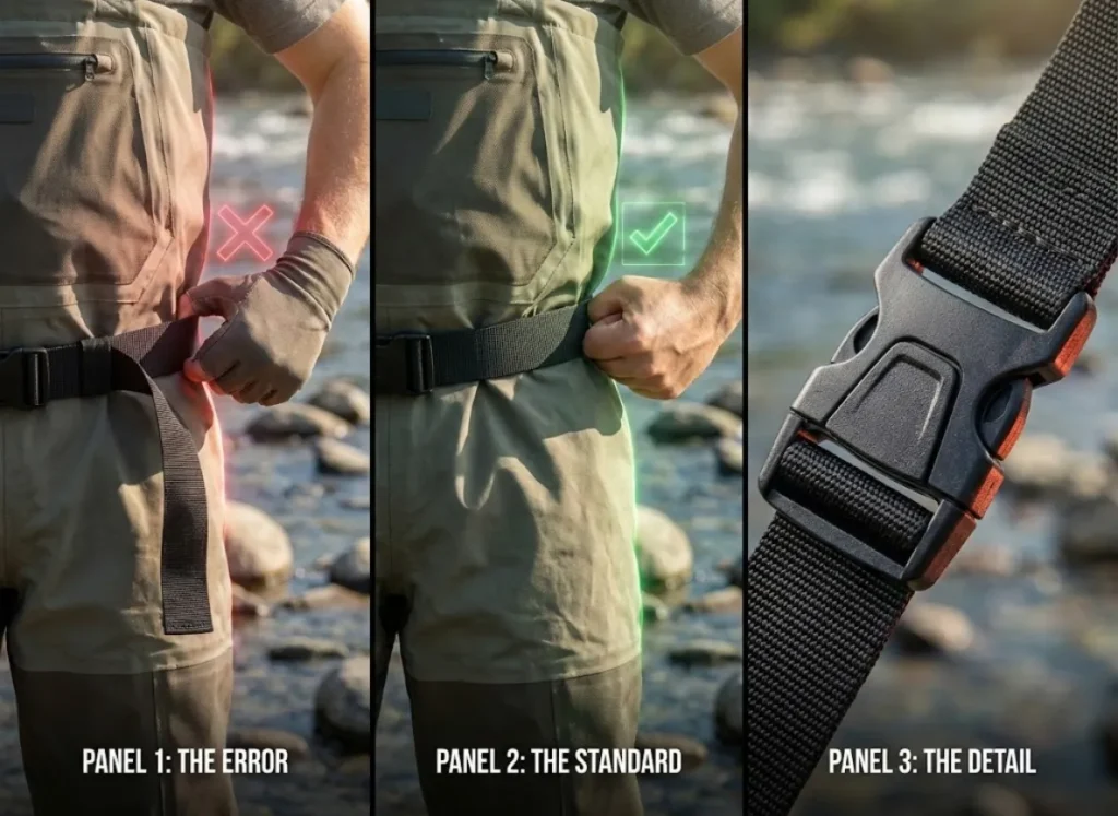 A three-panel instructional illustration showing the Wader Belt Fist Test: Panel 1 depicts a loose belt allowing a fist inside; Panel 2 shows a correctly tightened belt blocking the fist; Panel 3 displays a close-up of a secure quick-release buckle.