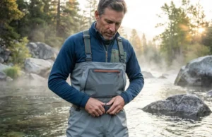 Wading Belt Safety: Why That $10 Strap Could Save Your Life Angler cinching Fishpond wading belt over Simms G3 waders in mountain river at golden hour