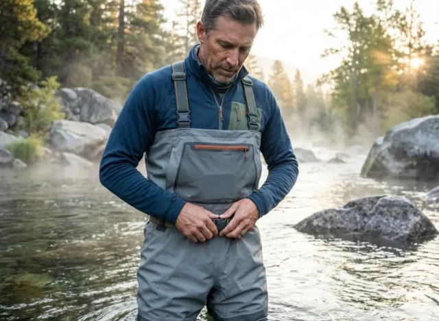 wading-belt-safety-hero-mountain-river Angler cinching Fishpond wading belt over Simms G3 waders in mountain river at golden hour