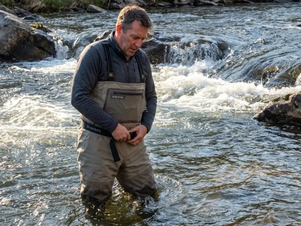 Angler tightening wading belt before entering swift river current