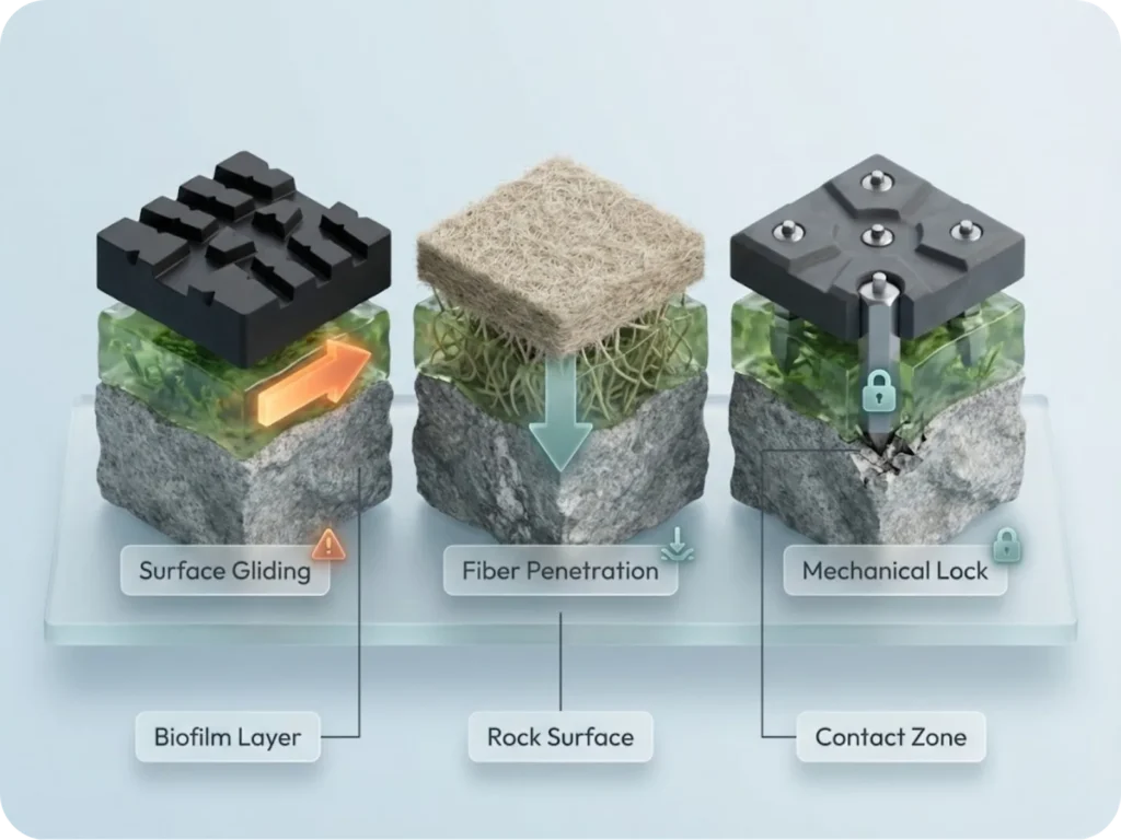 Technical cross-section infographic comparing rubber, felt, and studded wading boot soles interacting with slippery algae biofilm layers on river rocks.