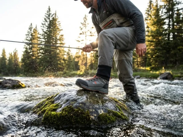 wading-boot-traction-simms-rocky-river Angler wading safely in fast current wearing Simms G3 boots on slippery rocks during golden hour
