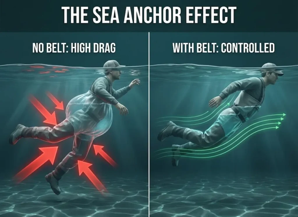 A split-panel technical illustration comparing wading safety. The left panel shows an angler without a belt, waders ballooning with water, labeled "No Belt: High Drag." The right panel shows an angler with a cinched belt, streamlined waders, labeled "With Belt: Controlled," demonstrating the prevention of the sea anchor effect.