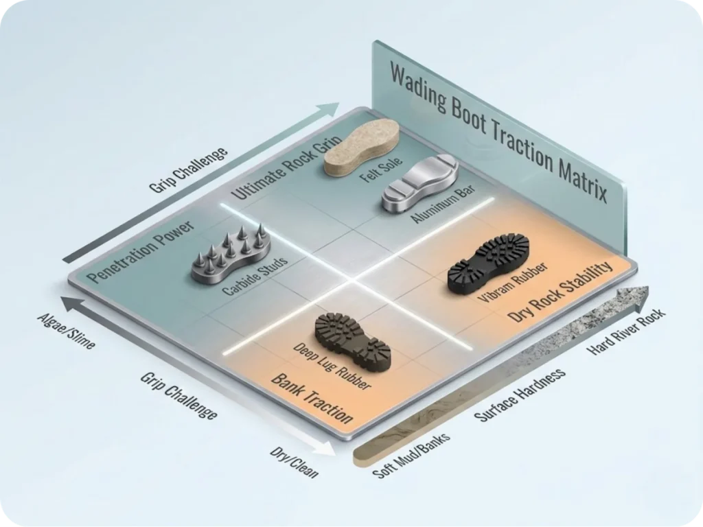 Strategic 4-quadrant traction matrix infographic plotting felt, rubber, and studded soles against surface hardness and slipperiness for optimal wading boot selection.