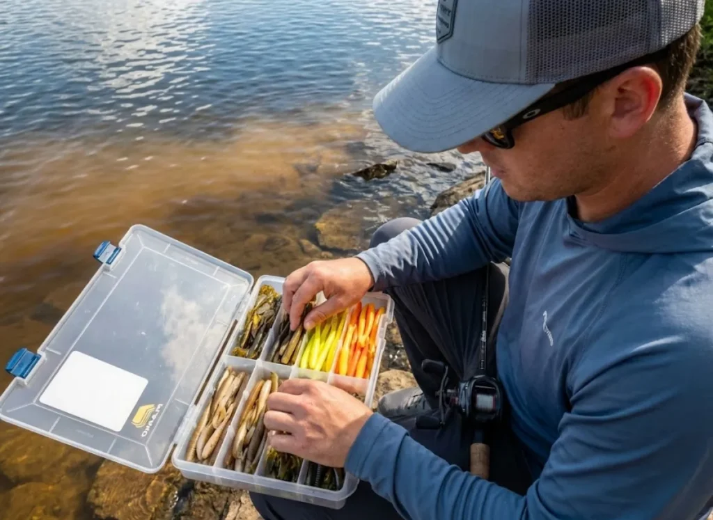 Angler organizing lures by color for different water clarity conditions tactical selection