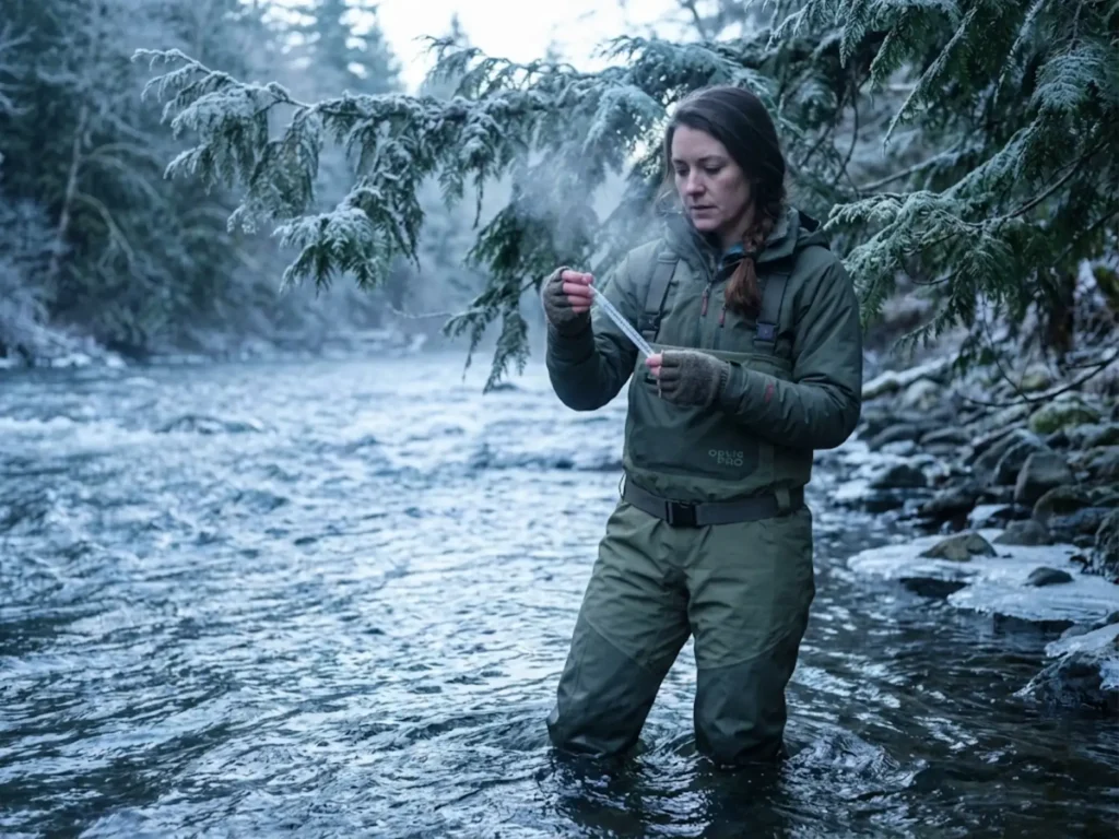 Female angler checking water temperature thermometer in cold spring river