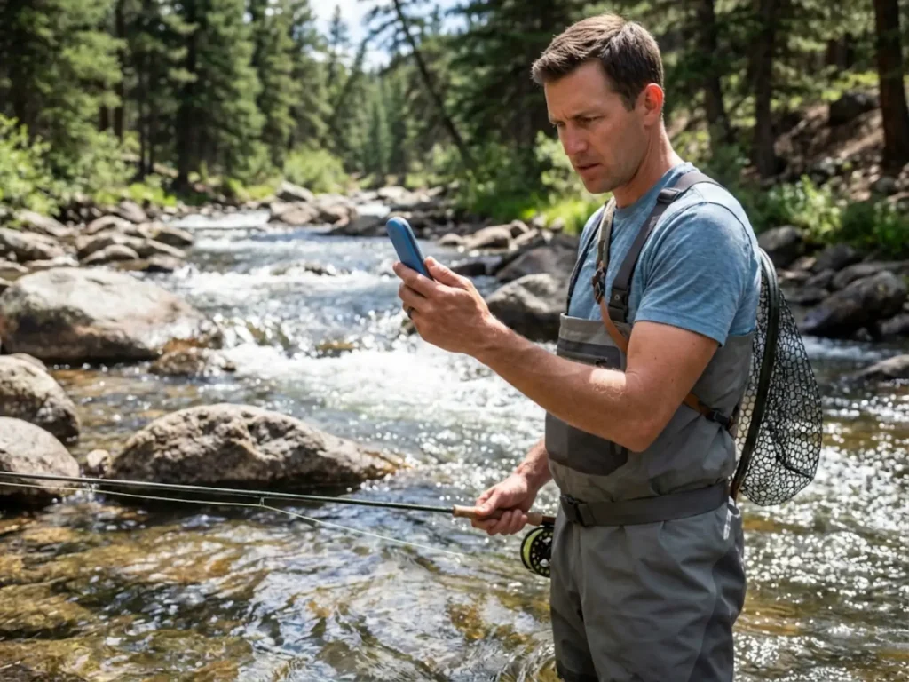 Angler checking water temperature in mountain stream to assess safe catch and release conditions for trout 