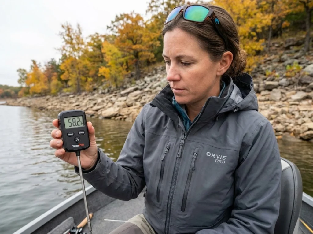 Female angler checking water temperature with digital thermometer fall fishing