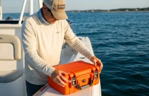 Build a Waterproof First Aid Kit for Anglers Professional angler reaching for a high-visibility orange waterproof first aid kit on a boat console during golden hour.