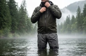 Waterproof Breathable Fabrics Explained for Anglers Angler wading river in rain wearing Simms waders and Patagonia jacket testing waterproof breathable fabric
